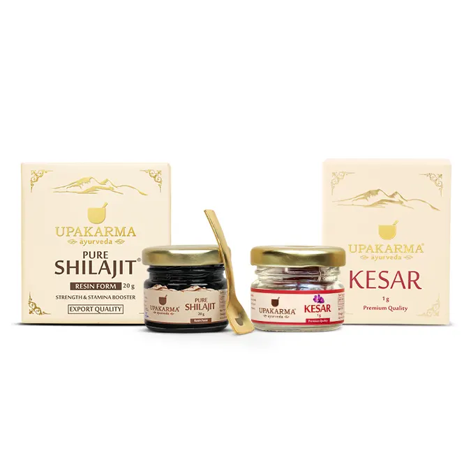 Upakarma Combo Pack of Shilajit / Shilajeet Resin 20g and Kashmiri Kesar 1g