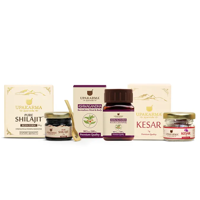 Combo Pack of Shilajit Resin 20g, Kesar 1g, Ashwagandha 90 Capsules