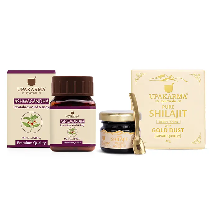 Combo Pack of Shilajit Gold Dust – 20g + Ashwagandha 90 Capsules